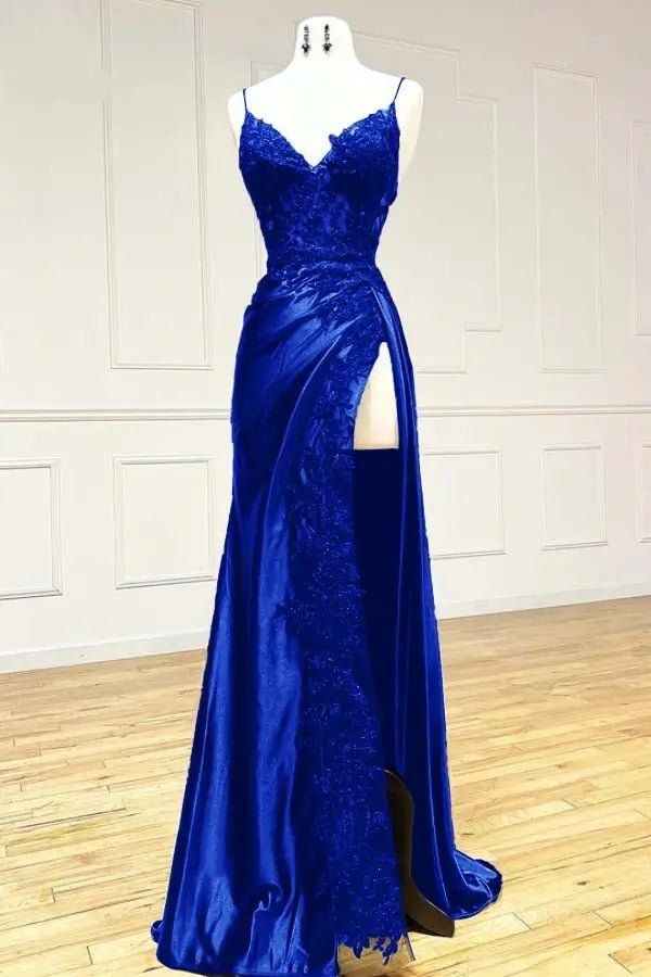 Sexy Sheath Satin Prom Dresses with Slit, Spaghetti Strap Formal Dress DP293