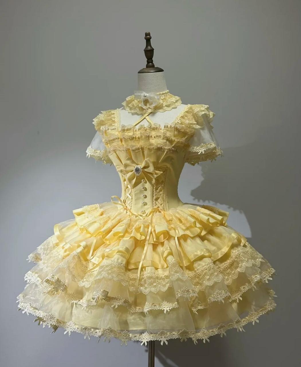 Vintage Ball Gown Yellow Tulle Lace Spaghetti Straps Short Lolita Outfits 18th Birthday Dress Mini Cute Lolita Dress DP2941
