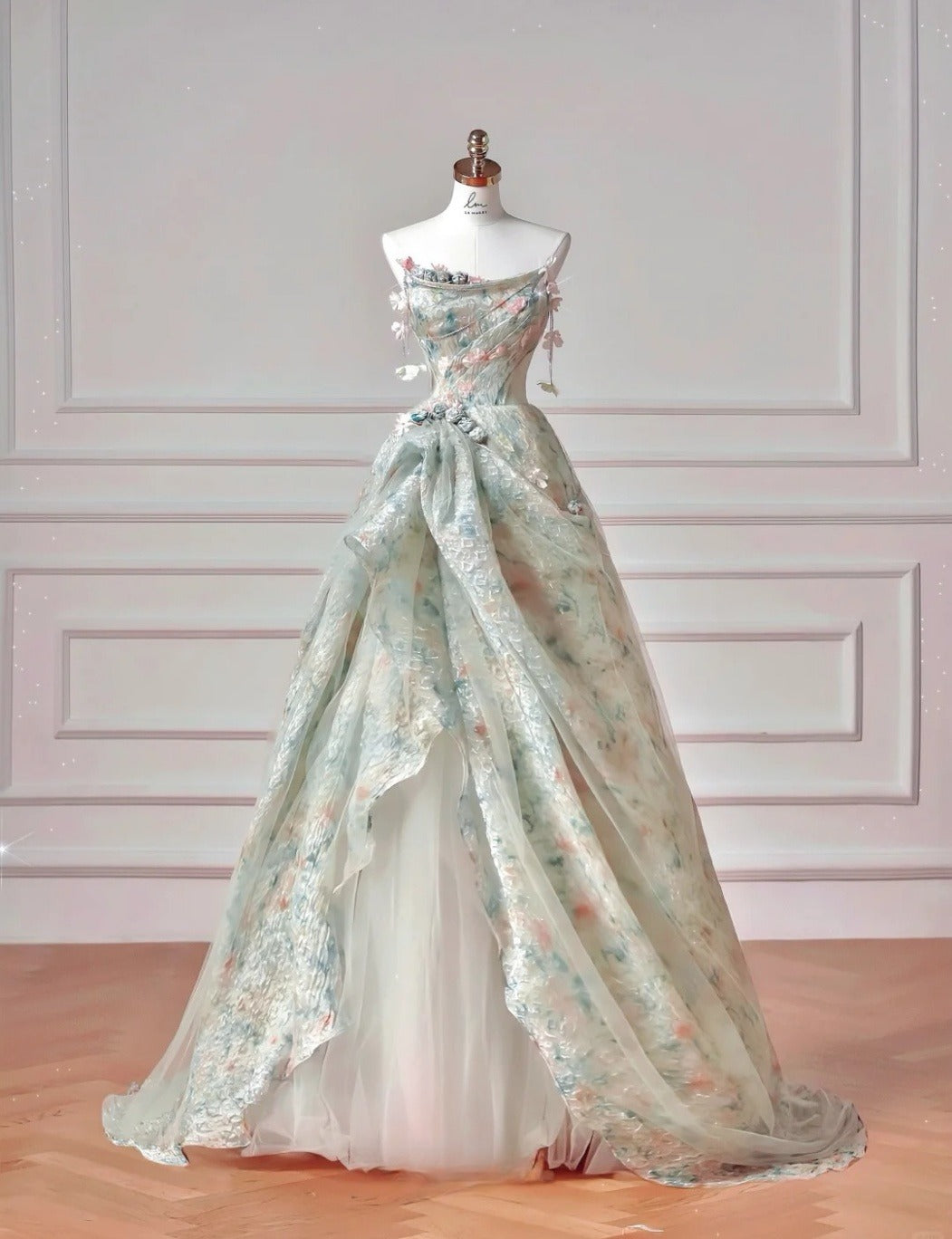 Cute Green Ball Gown Strapless Long Prom Dress Tulle Floral Chiffon Sweet 16 Dress DP2946