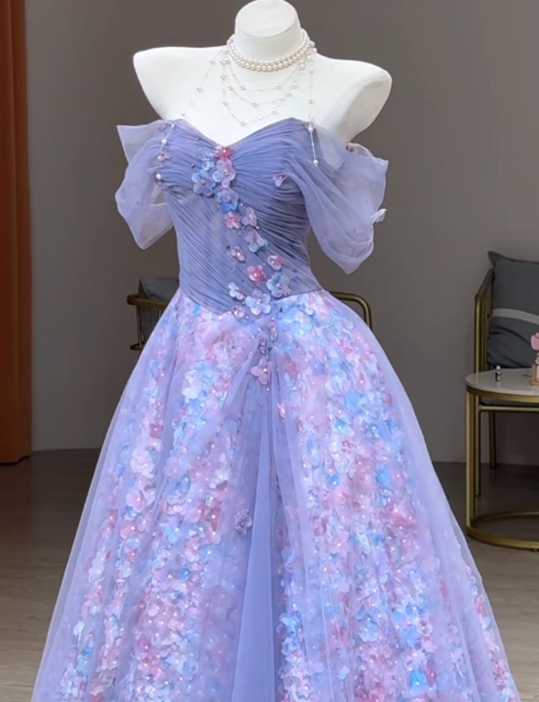 Fairy Purple Ball Gown Off-the-shoulder Tulle Long Prom Dress Applique Sweet 16 Dress DP2949