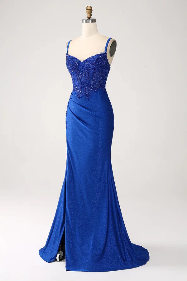 Luxury Sequin Royal Blue Mermaid Thin Shoulder Strap Sticker Long Prom Dress Evening Dresses DP296
