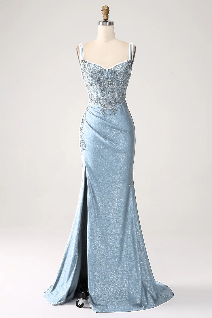 Luxury Sequin Royal Blue Mermaid Thin Shoulder Strap Sticker Long Prom Dress Evening Dresses DP296