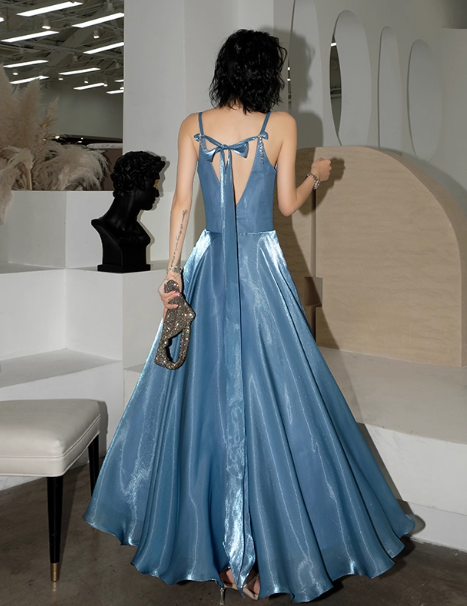 Elegant V-neck A-Line Satin Long Prom Dresses Gray Blue Formal Evening Dresses DP2979