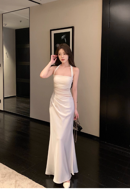 Elegant Halter Mermaid Satin Long Prom Dresses White Formal Evening Dresses DP2980