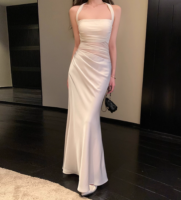 Elegant Halter Mermaid Satin Long Prom Dresses White Formal Evening Dresses DP2980