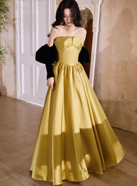 Elegant Strapless Ball Gown Satin Long Prom Dresses Yellow Formal Evening Dresses DP2981