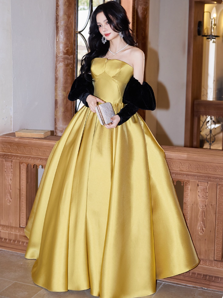 Elegant Strapless Ball Gown Satin Long Prom Dresses Yellow Formal Evening Dresses DP2981