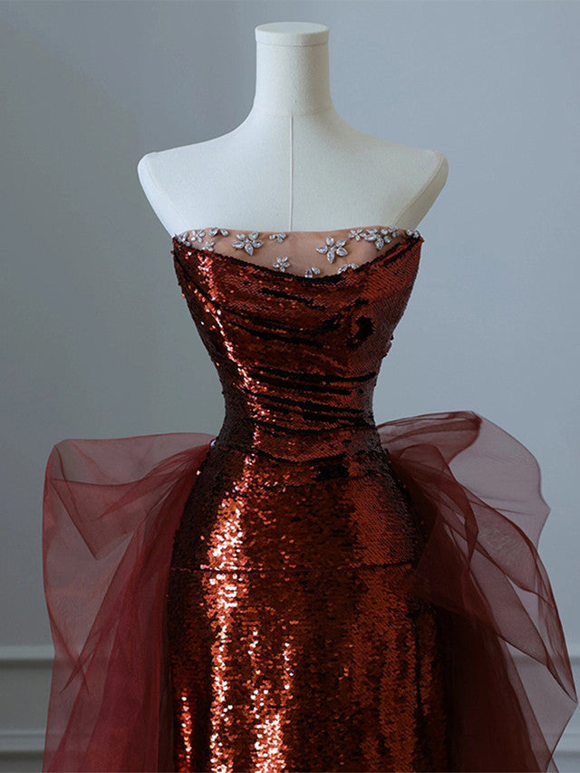 Robe de soirée sirène bordeaux à paillettes et tulle, sans bretelles, DP298