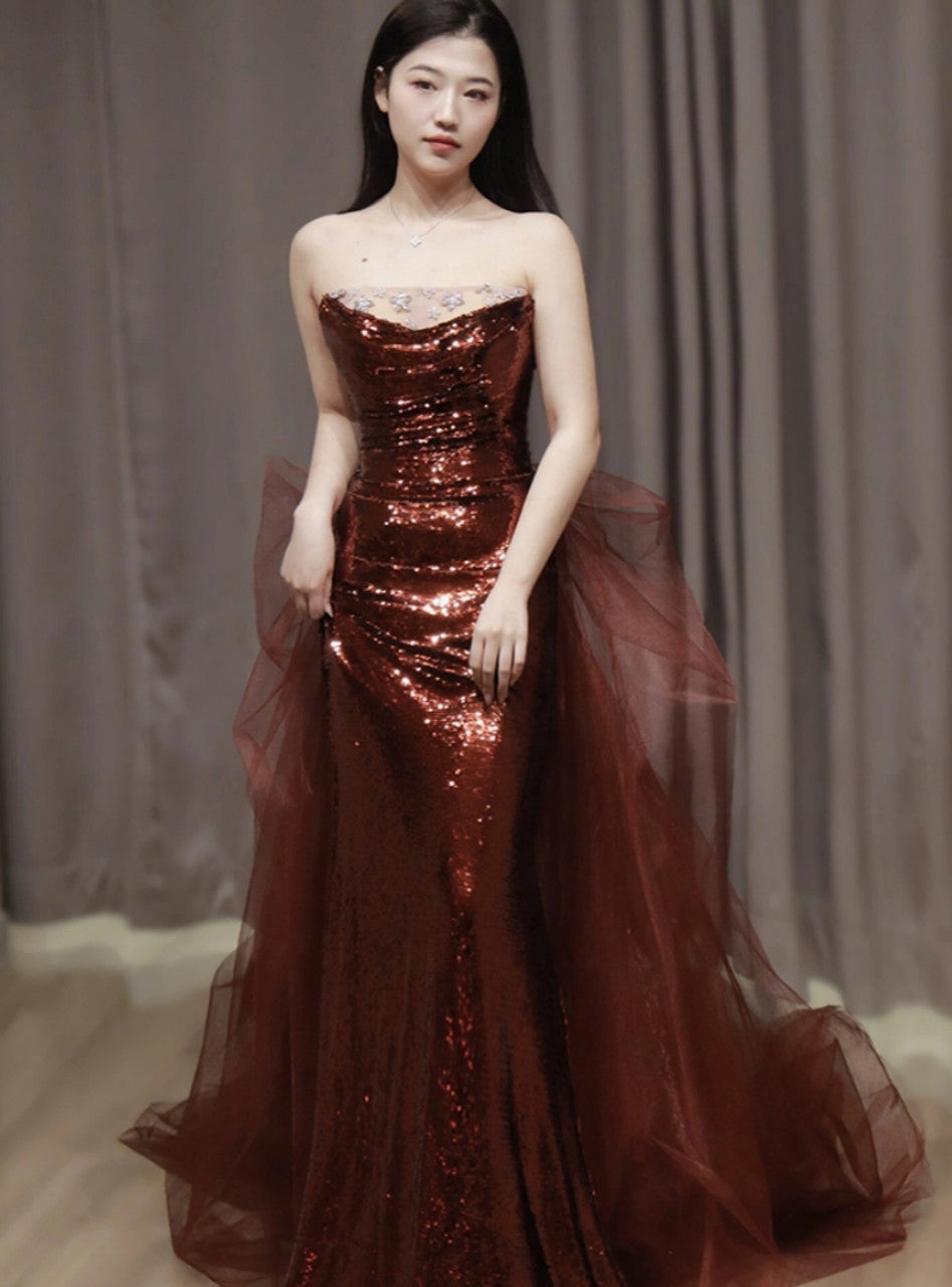 Robe de soirée sirène bordeaux à paillettes et tulle, sans bretelles, DP298