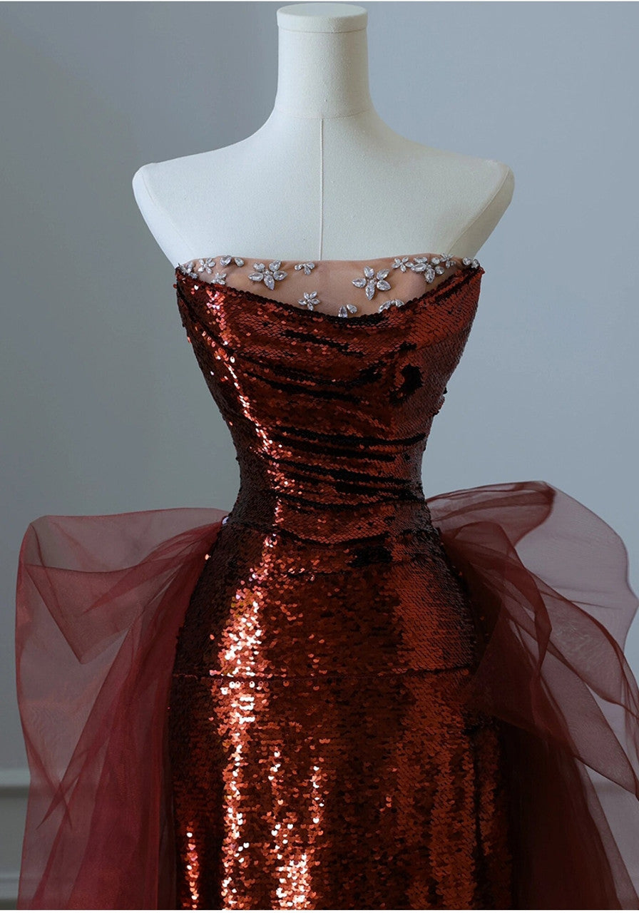 Robe de soirée sirène bordeaux à paillettes et tulle, sans bretelles, DP298