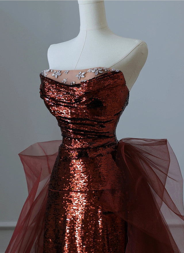 Robe de soirée sirène bordeaux à paillettes et tulle, sans bretelles, DP298