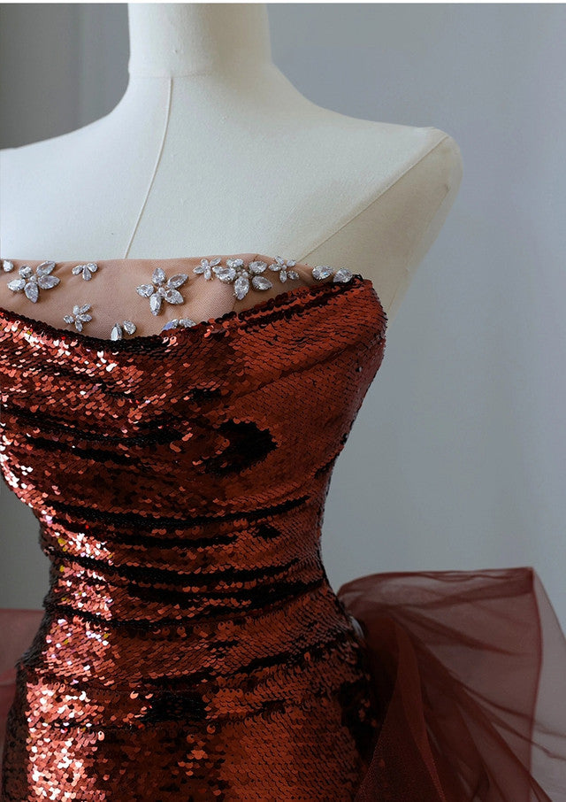 Robe de soirée sirène bordeaux à paillettes et tulle, sans bretelles, DP298
