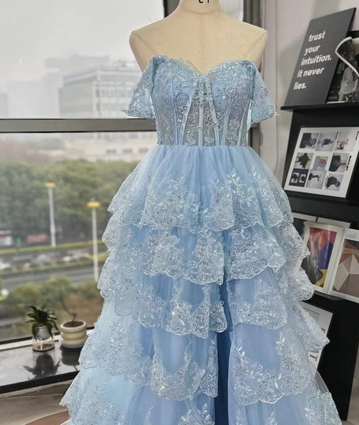 Fairy Off the Shoulder Light Blue Ruffles Prom Dress Party Gown Evening Dresses DP299
