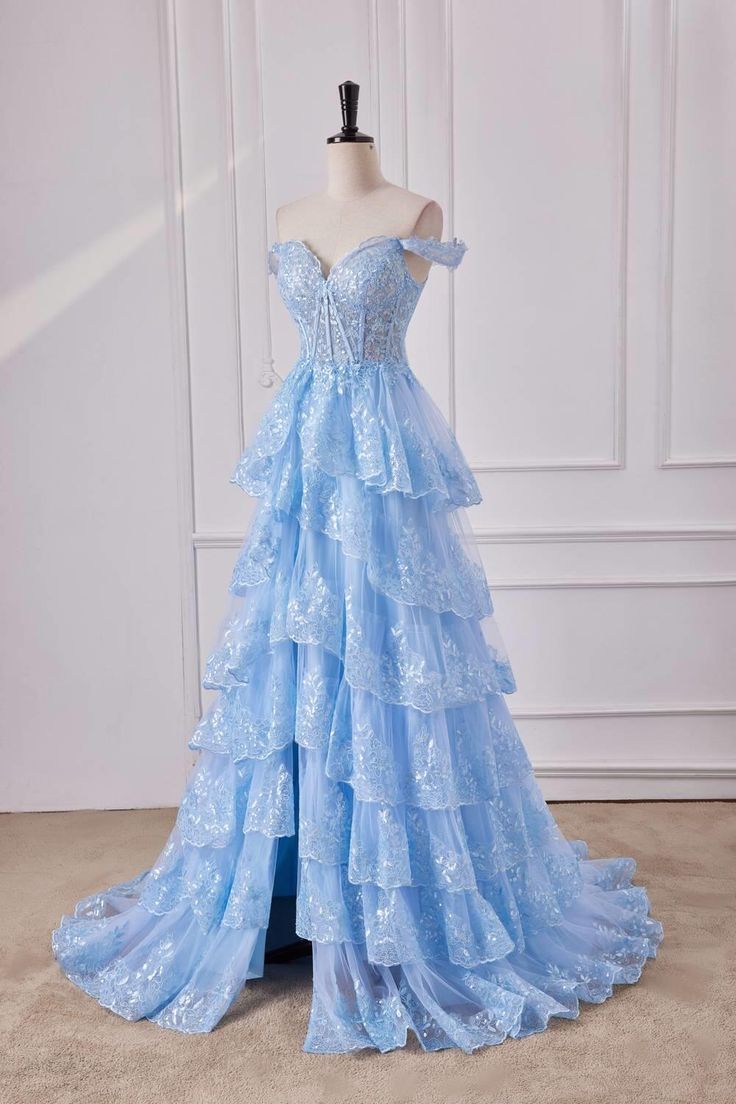 Fairy Off the Shoulder Light Blue Ruffles Prom Dress Party Gown Evening Dresses DP299