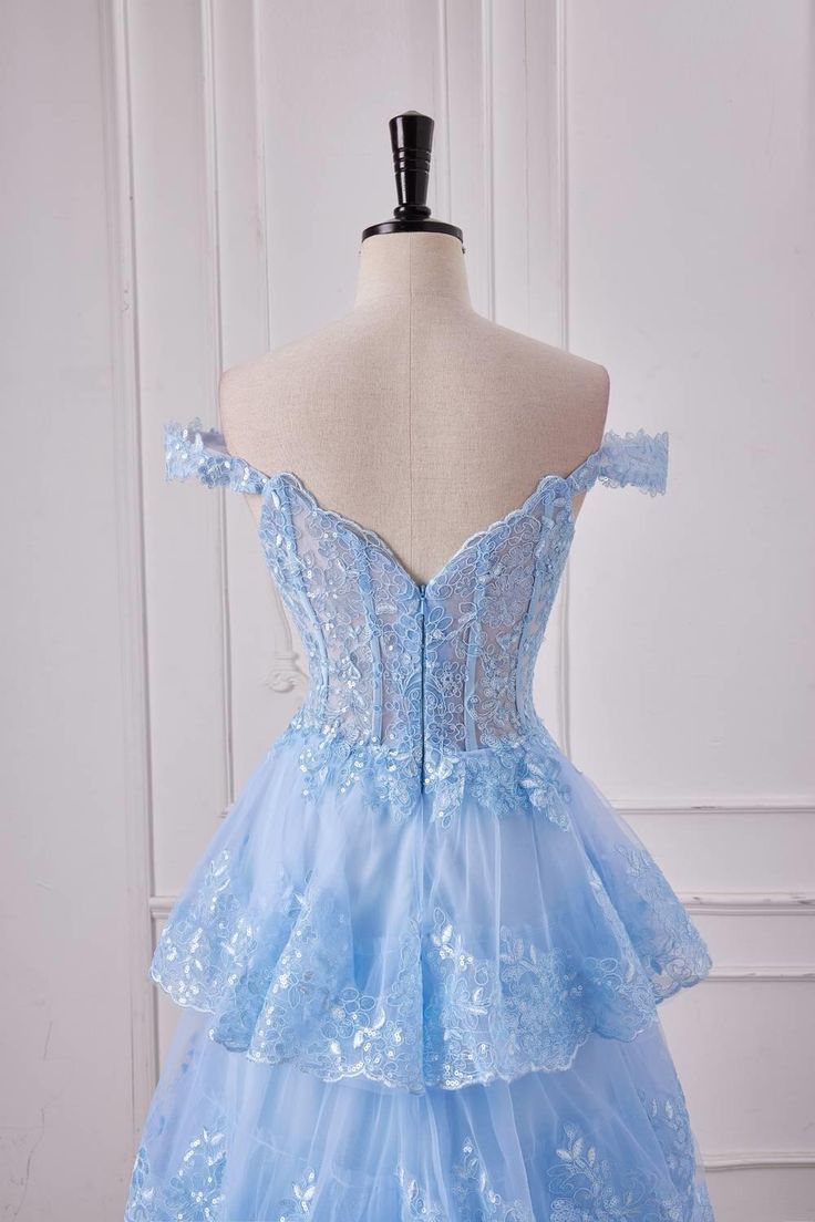 Fairy Off the Shoulder Light Blue Ruffles Prom Dress Party Gown Evening Dresses DP299