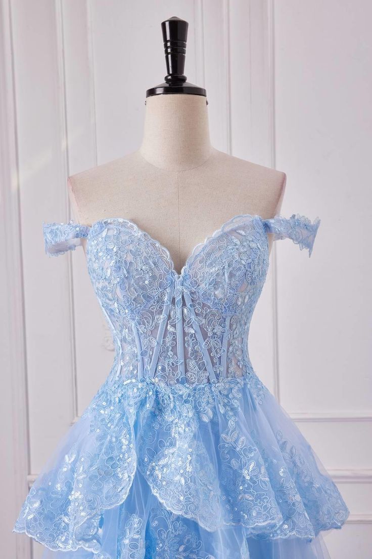 Fairy Off the Shoulder Light Blue Ruffles Prom Dress Party Gown Evening Dresses DP299