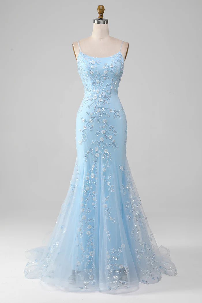 Mermaid Blush Spaghetti Straps Prom Dress With Appliques Evening Dresses DP300