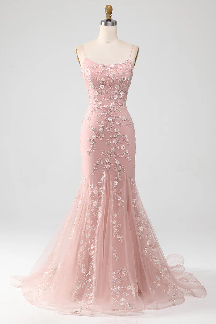 Mermaid Blush Spaghetti Straps Prom Dress With Appliques Evening Dresses DP300