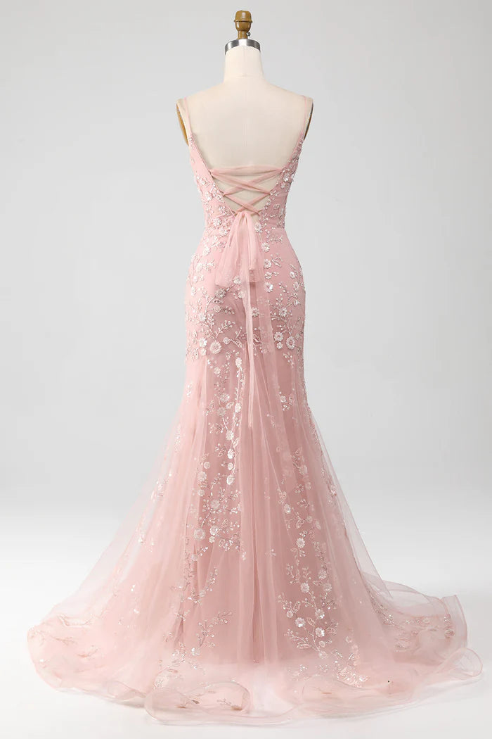 Mermaid Blush Spaghetti Straps Prom Dress With Appliques Evening Dresses DP300