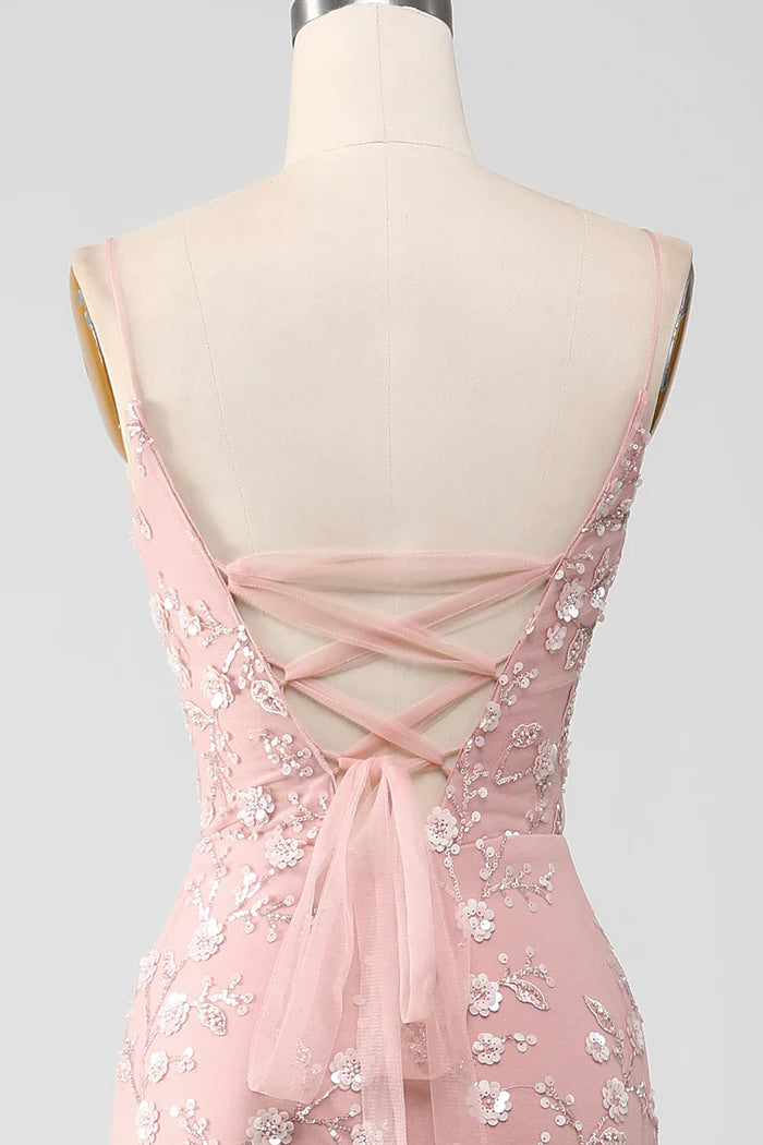Mermaid Blush Spaghetti Straps Prom Dress With Appliques Evening Dresses DP300