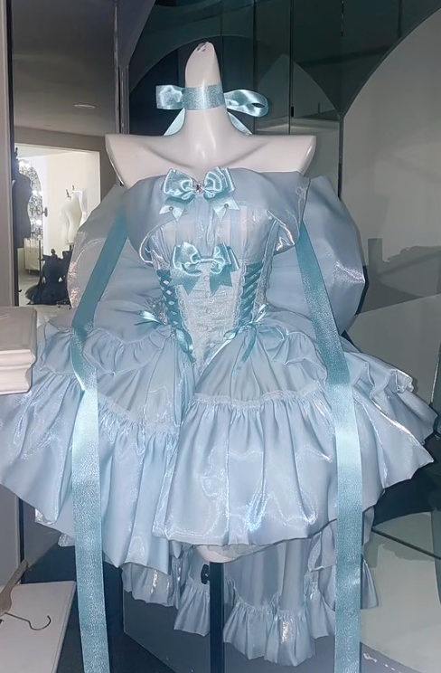 Cute Off-the-shoulder Ball Gown Tulle Short-sleeved Birthday Dress Blue Lolita Dress DP3016