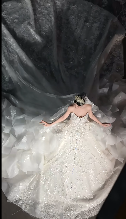 Elegant Strapless Ball Gown Tulle Beaded Wedding Dress, White Bridal Gowns DP3026