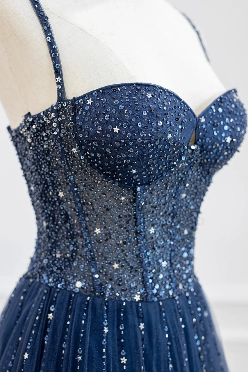 Pretty Navy Blue Spaghetti Straps Tulle Beading Prom Dress Evening Dresses DP303