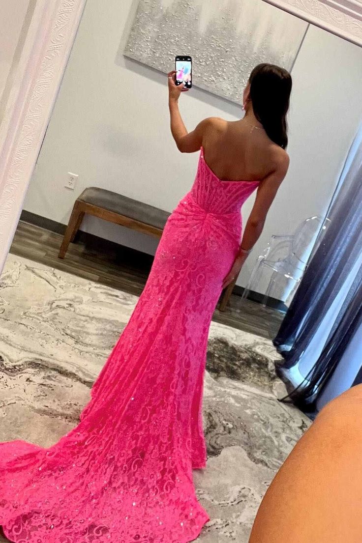 Pretty Long Strapless Lace Mermaid Formal Prom Dress with Slit DP306