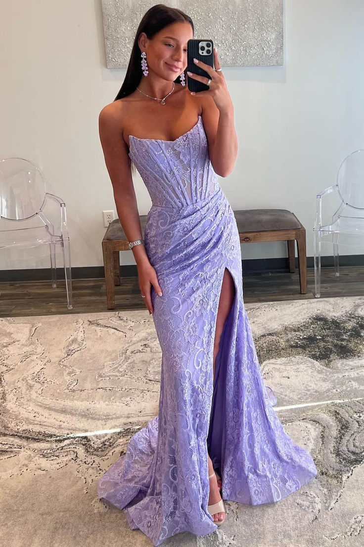 Pretty Long Strapless Lace Mermaid Formal Prom Dress with Slit DP306