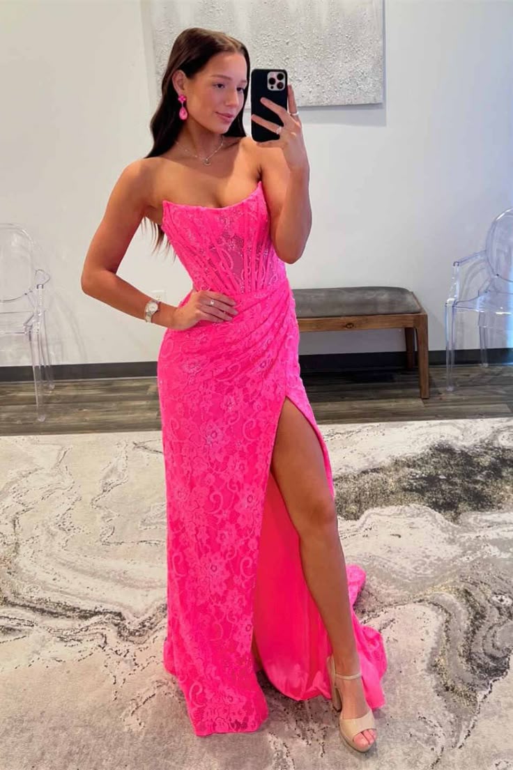 Pretty Long Strapless Lace Mermaid Formal Prom Dress with Slit DP306