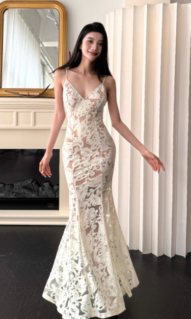 Elegant Spaghetti Straps Mermaid Tulle Long Prom Dresses, Apricot Evening Dresses DP3108