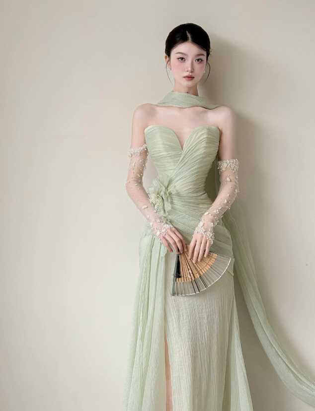 Elegant Sweetheart Sheath Chiffon Long Prom Dresses, Green Formal Evening Dresses DP3118