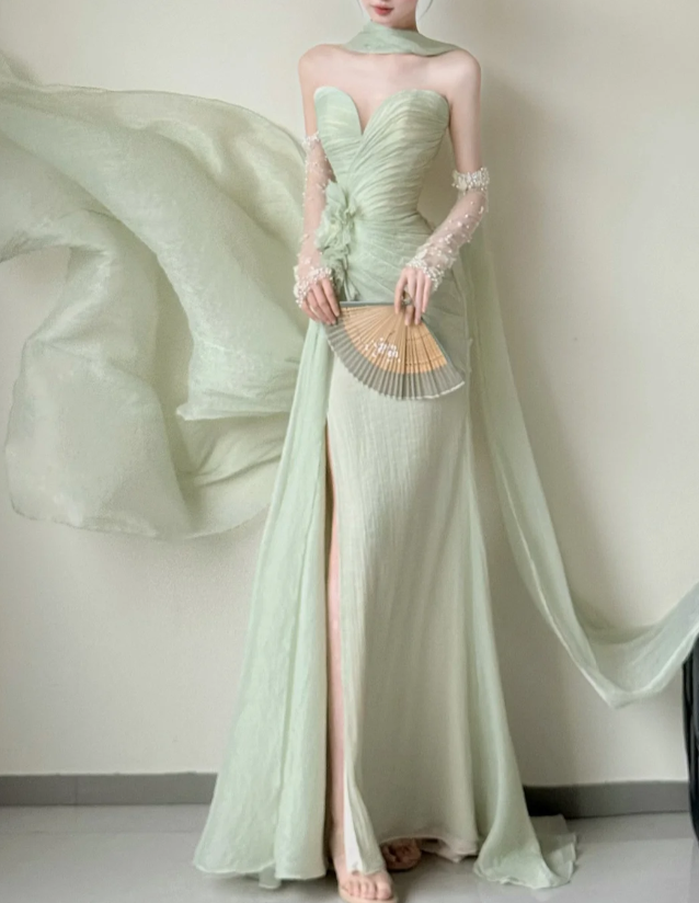 Elegant Sweetheart Sheath Chiffon Long Prom Dresses, Green Formal Evening Dresses DP3118