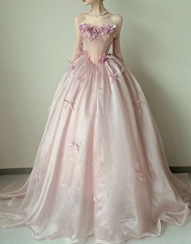 Elegant Strapless Ball Gown Tulle Long Prom Dresses, Pink Formal Evening Dresses DP3119
