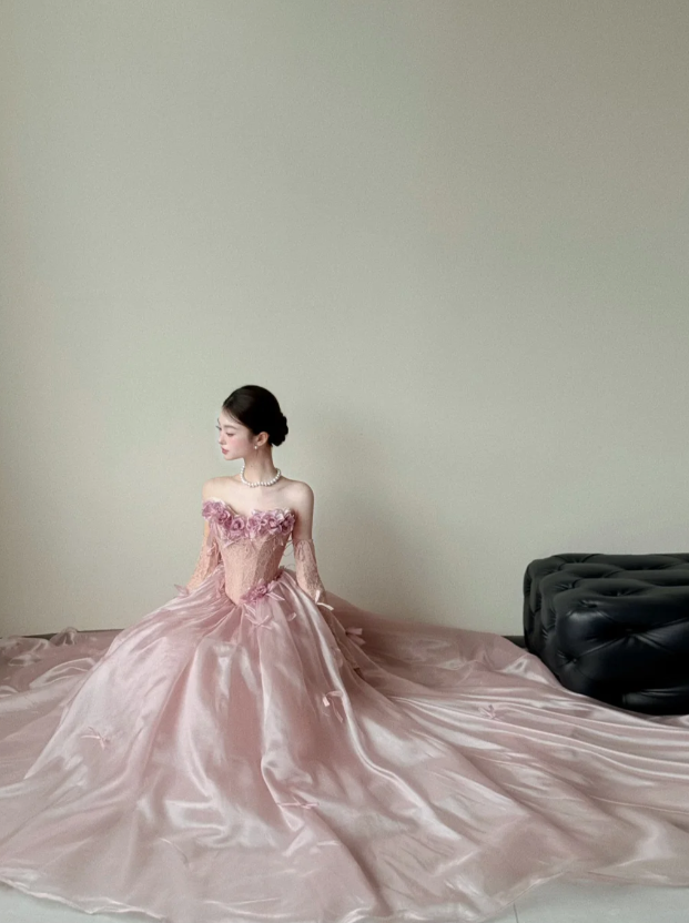 Elegant Strapless Ball Gown Tulle Long Prom Dresses, Pink Formal Evening Dresses DP3119