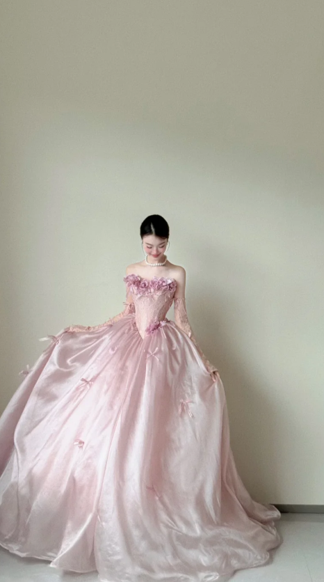 Elegant Strapless Ball Gown Tulle Long Prom Dresses, Pink Formal Evening Dresses DP3119