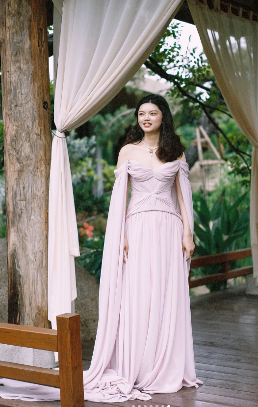 Elegant Off-the-Shoulder Sheath Chiffon Long Prom Dresses, Light Pink Formal Evening Dresses DP3120