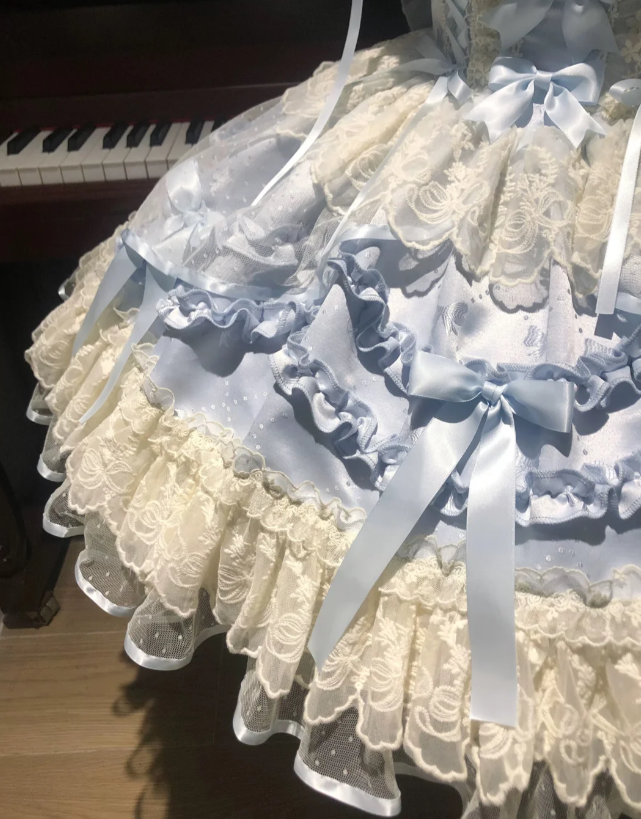 Cute Strap Ball Gown Lace Short Birthday Dresses Blue Lolita Dresses DP3124
