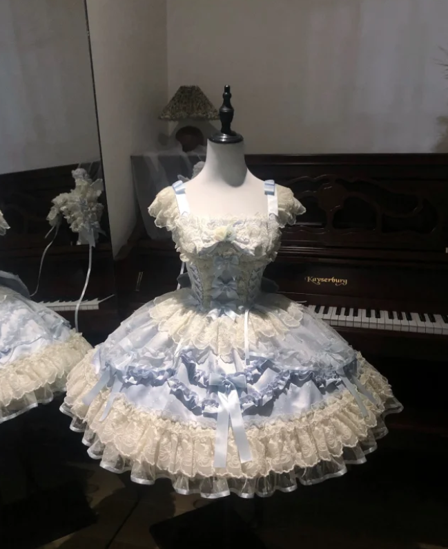 Cute Strap Ball Gown Lace Short Birthday Dresses Blue Lolita Dresses DP3124