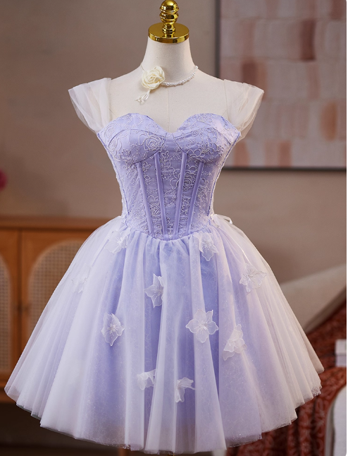 Sweet Off-the-shoulder A-Line Tulle Short Prom Dresses, Purple Homecoming Dresses DP3126