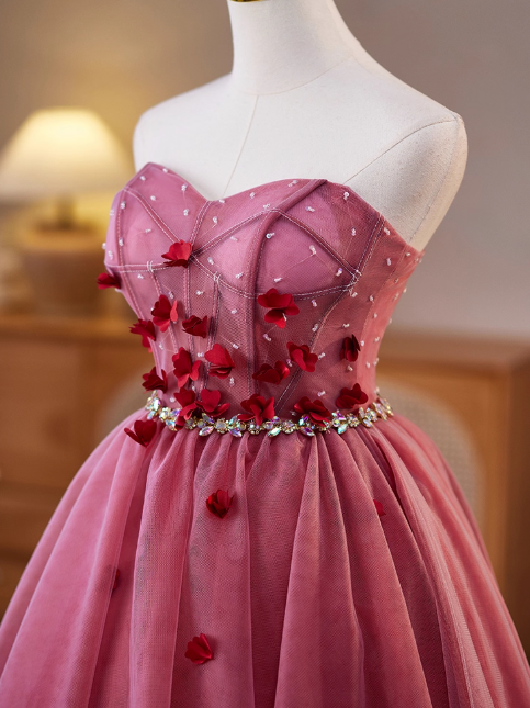 Sweet Strapless A-Line Tulle Short Prom Dresses, Red Homecoming Dresses DP3128