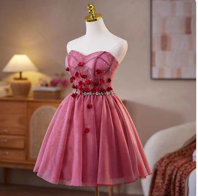 Sweet Strapless A-Line Tulle Short Prom Dresses, Red Homecoming Dresses DP3128