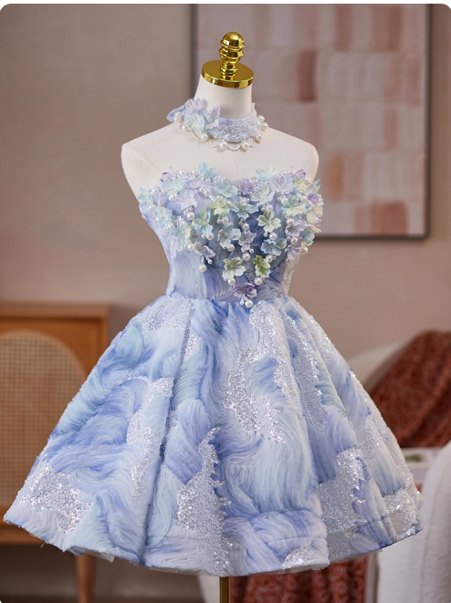 Sweet Strapless A-Line Short Prom Dresses, Blue Homecoming Dresses DP3130