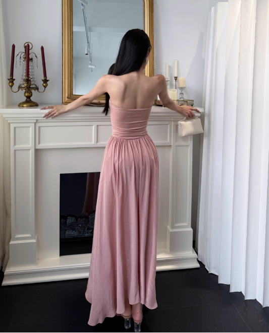 Elegant Strapless Sheath Chiffon Long Evening Dresses, Dusty Pink Formal Dresses DP3145