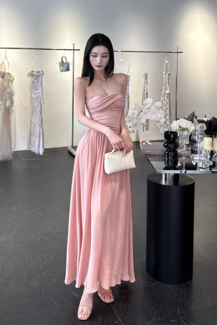 Elegant Strapless Sheath Chiffon Long Evening Dresses, Dusty Pink Formal Dresses DP3145