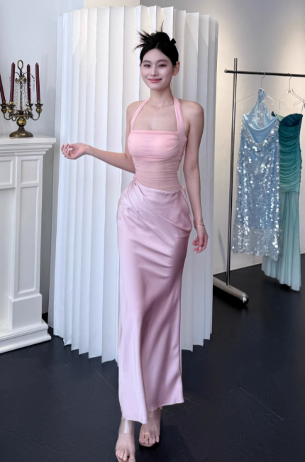 Elegant Halter Sheath Satin Long Evening Dresses, Pink Formal Dresses DP3146