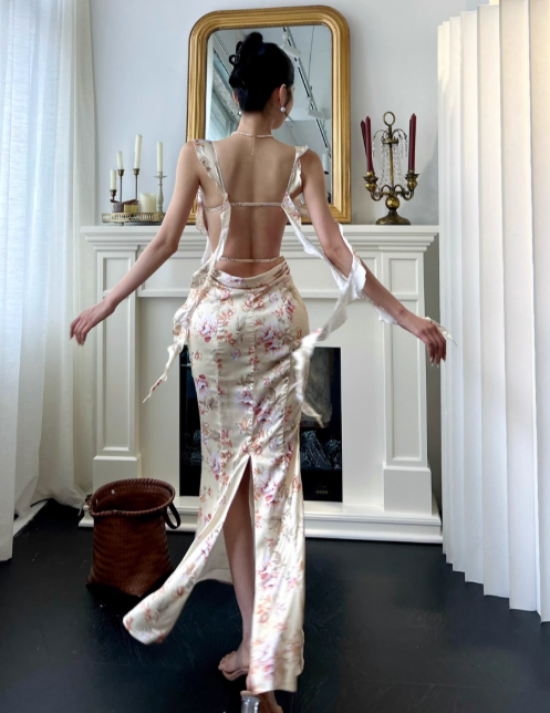 Elegant Straps Mermaid Satin Long Evening Dresses, Floral Backless Formal Dresses DP3147