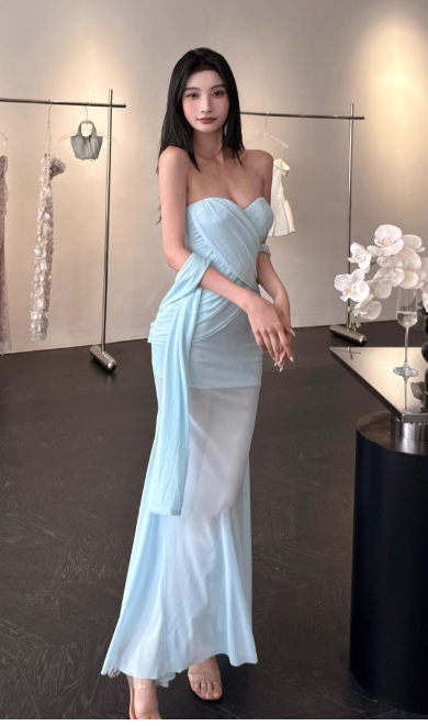 Elegant Sweetheart Sheath Chiffon Long Prom Dresses,Blue Formal Evening Dresses DP3149