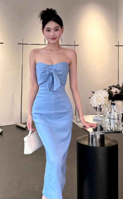 Elegant Strapless Sheath Satin Long Prom Dresses,Blue Formal Evening Dresses DP3150