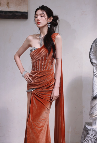 Gorgeous One-shoulder Sheath Velvet Long Prom Dresses, Orange Formal Evening Gowns with Slit DP3154